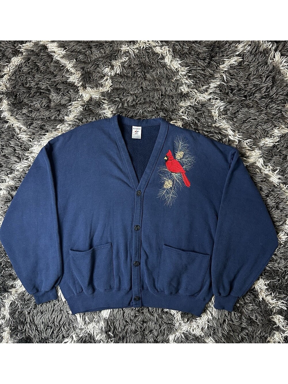 Vintage 90s Jerzees Embroidered Cardinal Sweater Button Cardigan One Size OS